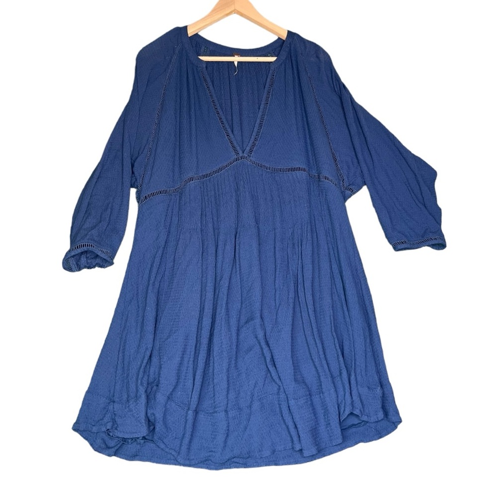 Free People Top Women Large Blue V Neck Lined Flowy Dolman Bohemian Peplum Tunic - Picture 2 of 13